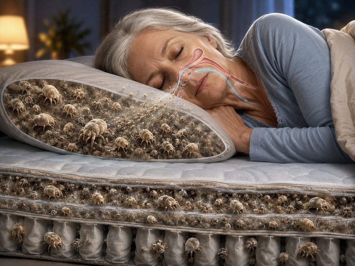 Animated mattress cross-section before CaptureCards showing dust mites near the sleeper