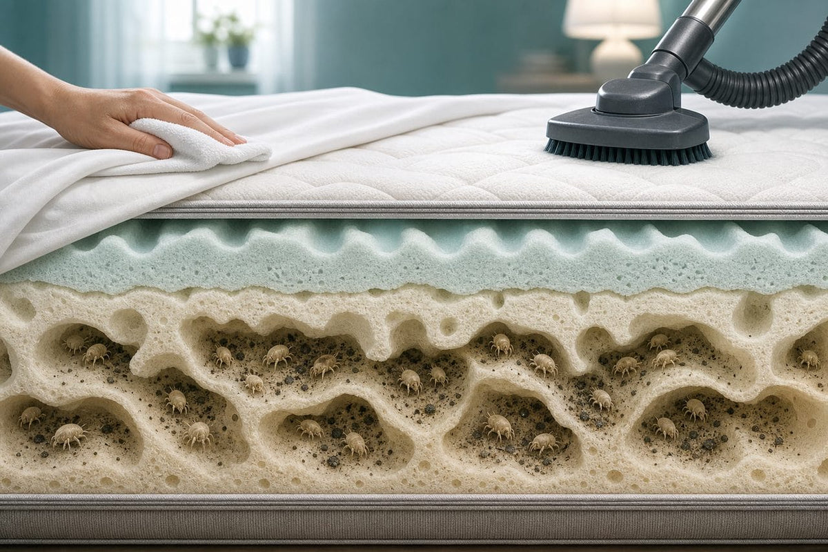 Cross-section of a mattress showing dust mites and waste deep in the foam below the clean surface