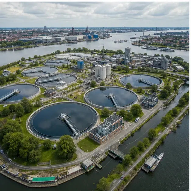 thumbnail — aerial photo of a European municipal water treatment facility (Amsterdam or Rotterdam style), large round basins.