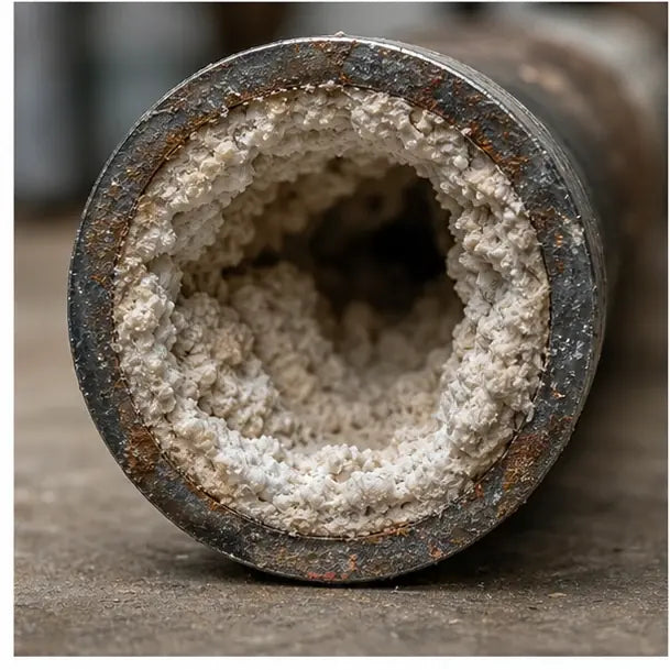 thumbnail — cross-section photo of an old metal water pipe coated thick with white limescale buildup.