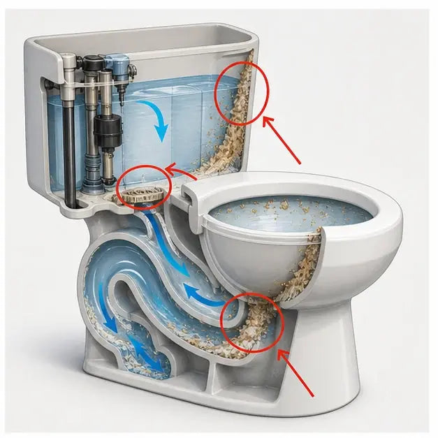 thumbnail — cutaway illustration of a toilet tank and bowl showing water flow paths, with mineral deposits highlighted in problem areas.