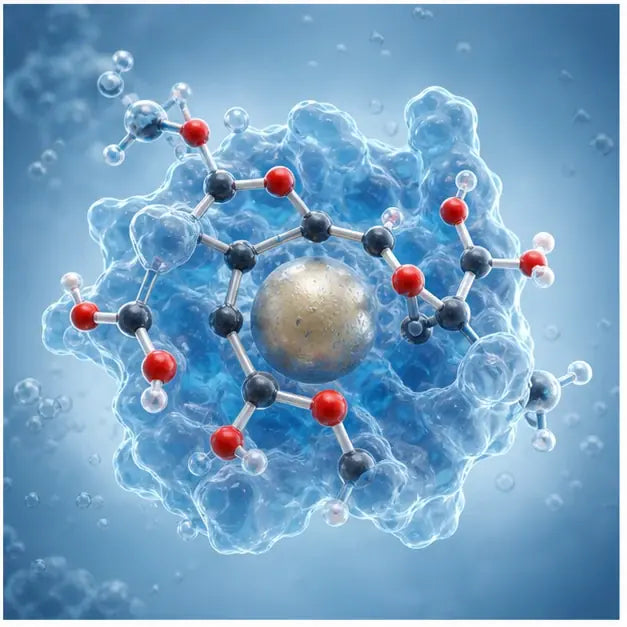 thumbnail — illustration of a citric acid molecule (the chelating agent) wrapping around a calcium ion — the chelation mechanism visualized.