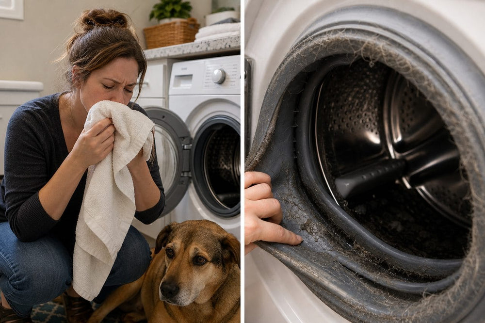 Un propriétaire d'animal sent une serviette encore fétide à côté d'un lave-linge plein de poils et de dépôts cachés