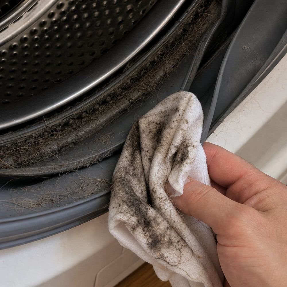 Un chiffon blanc passé dans le joint du lave-linge ressort noir de crasse cachée et de poils