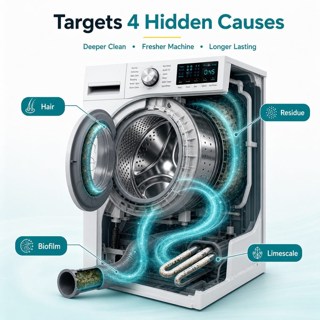 Targets 4 hidden causes: hair, biofilm, residue, limescale